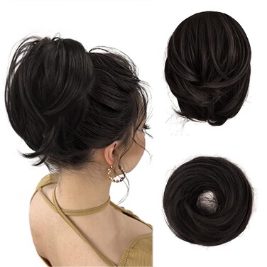 BARSDAR Straight Hair Bun Extensions, Short Ponytail Brown Hair Bun Extensions, Synthetic Messy Bun Hairpieces Elastic Easy Scrunchies for Women - Darker Brown