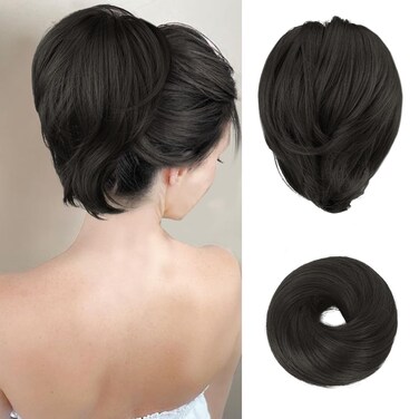 BARSDAR Straight Hair Bun Extensions, Short Black Ponytail Hair Bun Extensions for Women, Synthetic Fully Messy Bun Hair Extensions Elastic Hair Bun Scrunchies Hairpieces - Natural Black