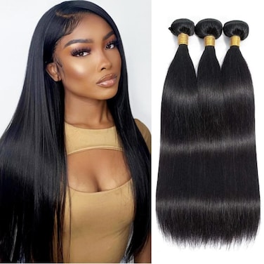 Straight Bundles Human Hair 100% Unprocessed 12A Brazilian Virgin Hair 16 18 20 Inch Straight Hair Bundles Double Weft 3 Bundles Deals Human Hair Straight Weave Natural Black