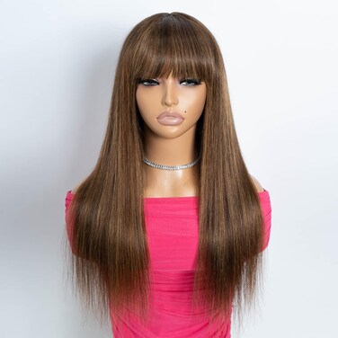 Rebecca Fashion 20 Inch Ombre Blonde Brown Straight Wig with Bangs Human Hair Silky Straight Bang Wig Glueless Minimalist 2.75x1 Lace Scalp Wig for Women Glueless Wear and Go Wigs Brazilian Remy Hair