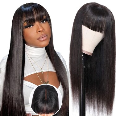 Straight Human Hair Wigs with Bangs 180% Density 2x4 Lace Front Wigs with Bangs Closure Wear and Go Glueless Wigs 100% Brazilian Virgin Human Hair Wigs for Women 16 Inch