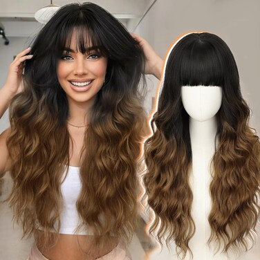 AISI HAIR Black To Brown Wig with Bangs Long Wavy Synthetic Wig for Women with Daily Party Use