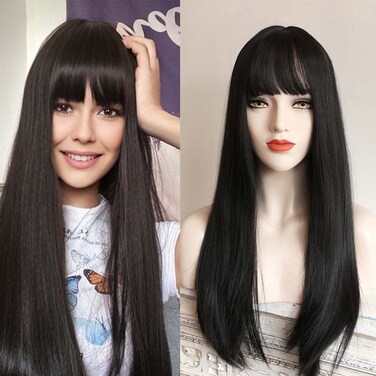Natural Black Long Straight Fringe Bangs, Heat Resistance Synthetic Wigs for Women 24 Inch