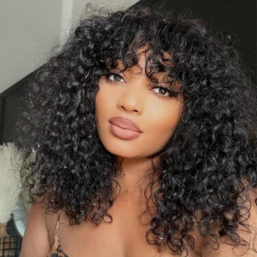 Jerry Curly Human Hair Wigs With Bangs 200% Density Virgin Human Hair Glueless Scalp Base Top Full Machine Made Wig For Black Women Brazilian Curly Wigs Natural Color 24 Inch