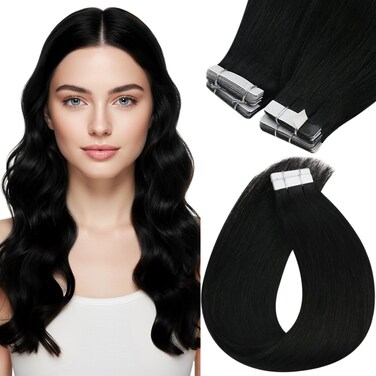 Sunny Hair Tape in Hair Extensions Black 50g Tape in Hair Extensions Real Human Hair Black Remy Hair Extensions Tape in Human Hair Tape in Extensions Black Hair Extensions for Women 20pcs 16inch