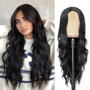 NAYOO Long Black Wig for Women - 26 Inch Long Black Hair Wig, Natural Looking Black Long Wig, Heat Resistant Synthetic Wig, Easy to Put Black Wavy Wig, Long Black Curly Hair Wig for Daily Party Use