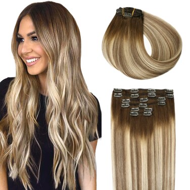 SURNEL Clip in Extensions Real Human Hair Balayage Clip in Hair Extensions 16 Inch 6pcs 100g Walnut Brown to Ash Brown and Golden Blonde Human Hair Clip Extensions (#3/8/22,16'')