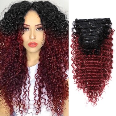 Synthetic Curly Clip in Hair Extensions Double Weft Full Head Deep Wave Hair Pieces Heat Resistance Thick Ombre Two Tone Clip In 7 Pieces(24" Deep Wave, T1B-Burg)