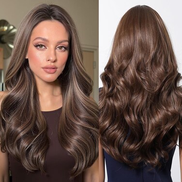 testar Dark Brown Wigs Middle Part Wavy Wigs for White Women Shoulder Length Wigs 22 Inch Natural Lace Hairline Heat Resistant Fiber Wigs For Cosplay