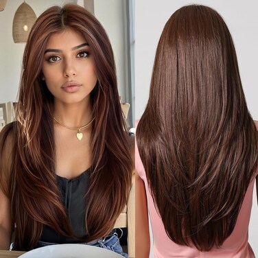 testar 13&times;6 HD Lace Chocolate Brown Lace Front Wig for Women 22 Inch Long Brown Straight Wig Natural Layered Hair Glueless Synthetic Lace Front Wigs Middle Part Halloween/Party/Daily Use(Hand Tied)