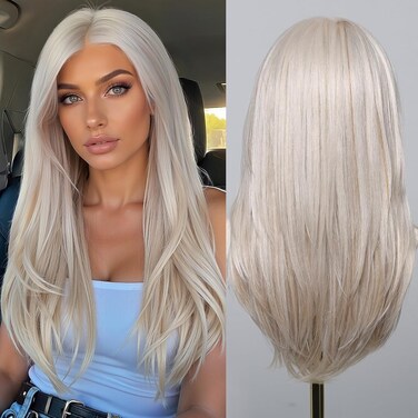 testar 13&times;6 HD Lace Front Wig Platinum Blonde Wigs for Women 22 Inch Long Straight Silver Gray Natural Layered Glueless Wig Synthetic Lace Front Wig Middle Part Daily/Halloween/Party Use (Hand Tied)