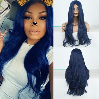 RDY Blue Wigs Natural Wave Synthetic Wig for Women Machine Made Hair Replacement Wig with Heat Friendly Fiber Cosplay Wig Middle Part 150% Density Long Body Wavy Wig for Daily Makeup Party Wear 24