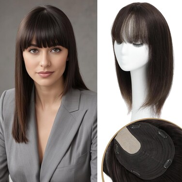 YAMI Hair Toppers for Women Real Human Hair 100% Real Human Hair Toppers for Women with Bangs 15 Inch Hair Pieces with Hairloss (Dark Brown)