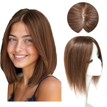 Hair Topper Without Bangs, Clip in Human Hairtoupee Seamless Hairpiece for Women Thick Silk Base Topper for Thicking Hair (Medium Chocolate Brown, 5.1"*5.1" 12inch)