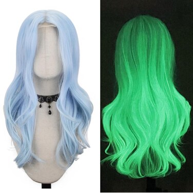 FREE BEAUTY Glow in the Dark Wig Long Blue Wavy Wig for Women 26 Inch Middle Part Wig with Small Piece Lace Curly Wavy Wig Natural Looking Synthetic Heat Resistant Fiber Wig for Party Cosplay Use