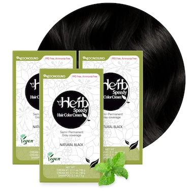 DONGSUNG Herb Speedy Color Cream (Natural Black, 3 Pack), PPD-Free Ammonia-Free Vegan Hair Dye with Sun Protection, Odorless, Gentle for Sensitive Scalp, No Eye or Scalp Irritation