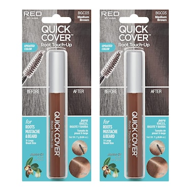 RED by Kiss Quick Cover Root Touch Up Rescue, Mascara Natural Water-Resistant Temporary Gray Concealer Cover Up Brush for Hair Mustache &amp; Beard (Medium Brown) (2Pcs)
