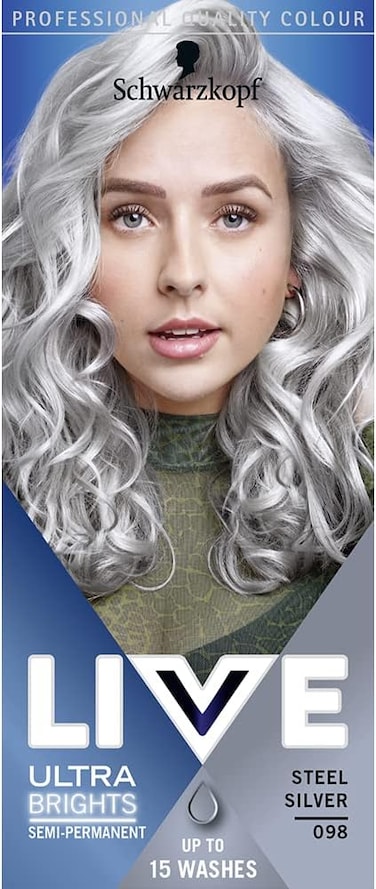 Schwarzkopf LIVE Ultra Brights Or Pastels, Vibrant Semi-permanent Silver Hair Dye, Lasts Up to 15 Washes, Steel Silver 098