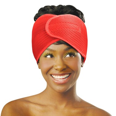 DONNA Deluxe Foam Mesh Wrap   Olive &amp; Vitamin E Treated Headband for Curly Hair Care, Face Wash &amp; Makeup   1PC, RED COLOR