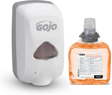GOJO Premium Foam Antibacterial Handwash, Fresh Fruit Scent, TFX Starter Kit, 1-1200 mL Foam Hand Soap Refill + 1 TFX Dove Grey Touch-Free Soap Dispenser - 5362-D1