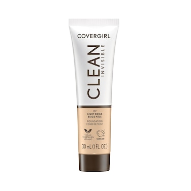 COVERGIRL Clean Invisible Foundation Makeup, Dewy &amp; Glowy Natural Finish, Buildable Coverage, Skin-Like Smooth Look, Vegan, Light Beige, 1oz