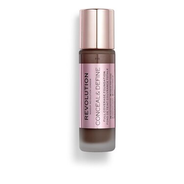 Makeup Revolution Conceal and Define Foundation, Full Coverage &amp; Matte Finish, F18 for Dark Skin Tones, Vegan &amp; Cruelty-Free, 0.7 Fl Oz