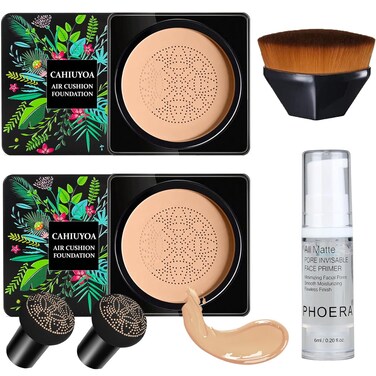 2PCS Mushroom Head Air Cushion CC Cream BB Cream Foundation Full Coverage Foundation 24HR Matte Oil Control Concealer With Makeup Face Primer &amp; Petal-Shaped Cosmetics Brush（Natural）
