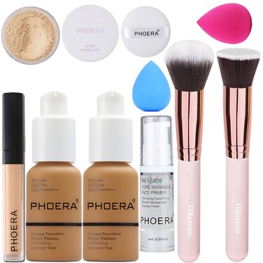 PHOERA Foundation &amp; Concealer - Full Coverage, 24 Hour Fresh Wear with Matte Finish, Includes Primer &amp; Powder (111 Chestnut)