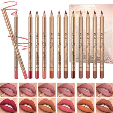 12 Colors Lip Liner Set, Brown Pink Red Series Lip Liners, Plump Nude Lip Shape No Smudge Longwear Smooth Lip Pen Waterproof Lipstick High Pigmented Natural Lip Makeup Pencil