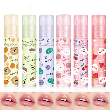 6Pcs Roll On Lip Gloss Oil Set,Moisturizing and Nourishing Lips Light Lip Oil,Fruit Scents Vegan Lip Gloss Non Toxic Lip Oil