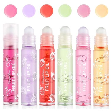 6PCS Roll-On Lip Oil Set,Fruit Flavored Lip Gloss Set,Long Lasting Moisturizing Lip Balm,Transparent Lip Gloss Glossy Lip Make-up for All Age,Non Toxic,Kids Friendly,Best Gift