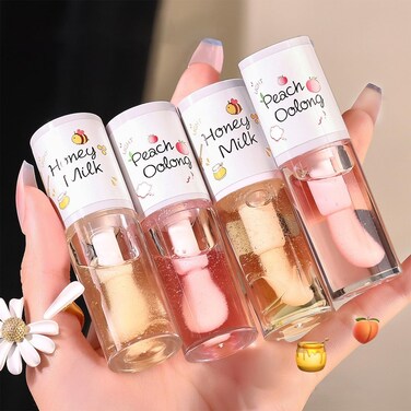 4PCS Hydrating Clear Lip Oil,Jelly Honey Lip Gloss Oil,Korean Big Brush Lip Oil,Long-lasting Moisturizing Nourishing Lip Balm,Plumping Lip Fresh Texture Clear Lip Gloss,Makeup Lip Care Tools