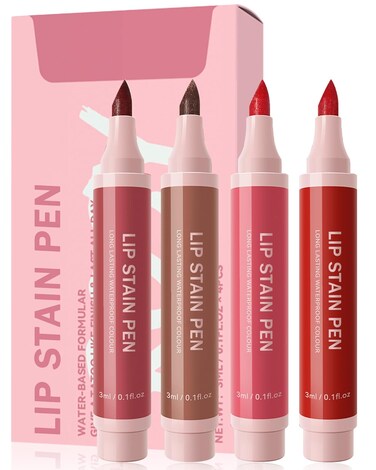 Lip Stain Liner Pen Set-4 Pcs Hydrating Lip Stain Lip Liner Pencil Kit,Longlasting Waterproof Smudgeproof Matte Color Look,Precise Chisel Tip Smooth,Women's Day Makeup Gift Kit for Women Girl