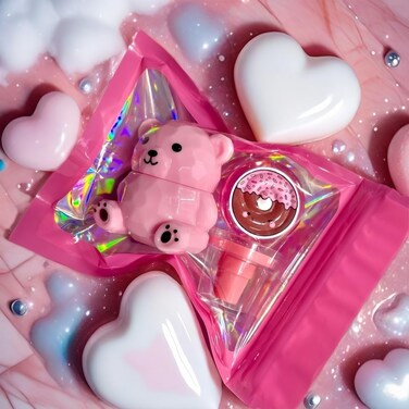 LOVELY Bear Lip Balm Set - Adorable Catoon Warm Change Lip Gloss &amp; Lipblam Combo Long Lasting Nourishing Lip Glow Oil Non-sticky Primer Lip Tint(2pcs) (Light pink lip blam with Lollipop Lip Gloss, 1)