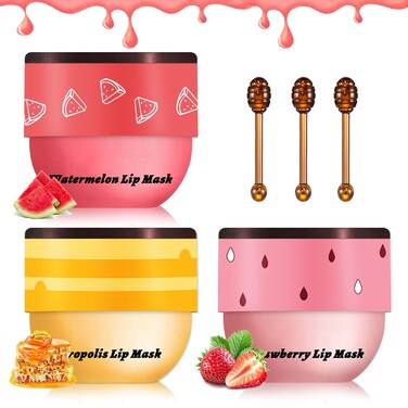 3PCS Bee Lip Balm Honey Pot Honey Strawberry Watermelon Lip Balm Sleeping Lip Mask Silky Hydrating Bee Lip Balm Honey Lip Mask Overnight Lip Care Products(Honey+Strawberry+Watermelon)