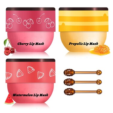 Honey Pot Lip Balm,3PCS Bee Lip Balm Honey Pot Cherry Watermelon Lip Scrub,Fade Lip Lines Prevention Dry and Cracked Lip Mask Overnight (Honey+Watermelon+Cherry)