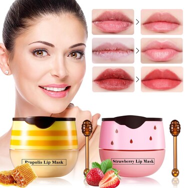 2 PCS Honey Lip Balm Honey Pot, Strawberry &amp; Honey Lip Mask, Reduces Lip Lines, Hydrate &amp; Moisturizing Lip Skin Care, Prevention Dry Cracked Lips, Honey Lip Balm for Lip Repair Treatment