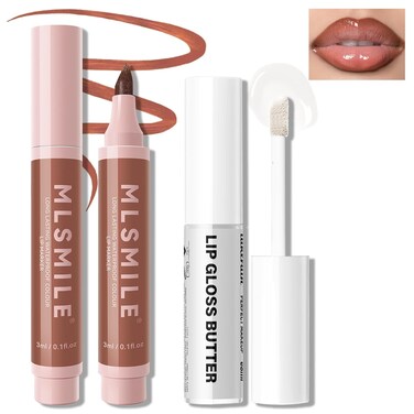 Lip Liner Marker Pen, Lip Stain Liquid Lip Liner Pencil Kit, Waterproof and Long Lasting Nude Lip Liner and Lip Gloss Combo, Non-Stick Cup Nourishing Clear Lip Butter Gloss Set Makeup