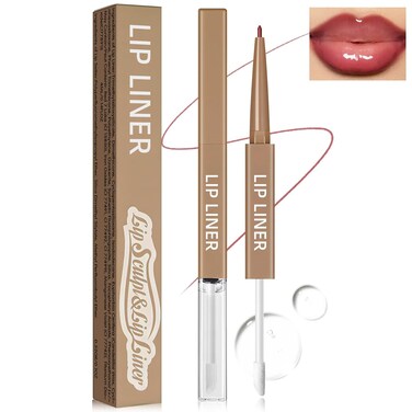 Double-ended Lip Liner with Clear Lip Oil, Moisturizing High Shine Transparent Lip Glow Oil with Nude Pink Lip Liner Set, Non-Sticky Plumping Lip Gloss Combo Lipstick Makeup-02