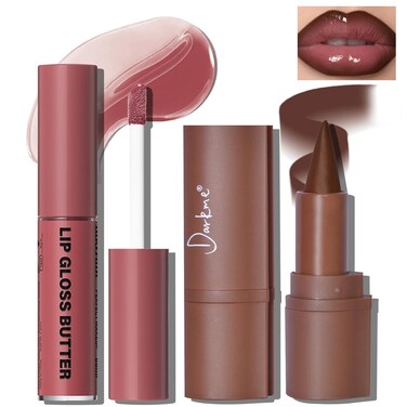 Lip Liner Butter Gloss Set, Dark Brown Plumping Lip Liner Lip Pencil Moisturizing Lightweight Lip Gloss Lip Combo, High Shine Glossy Lip Tint Lip Stain Makeup Long Lasting Lip Care for Women