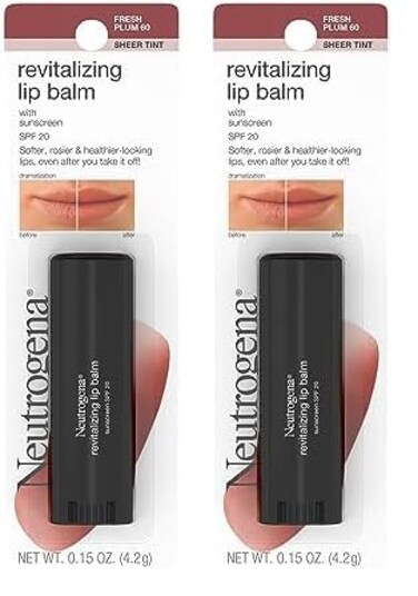 Neutrogena Revitalizing and Moisturizing Tinted Lip Balm with Sun Protective Broad Spectrum SPF 20 Sunscreen, Lip Soothing Balm with a Sheer Tint in Color Fresh Plum 60,.15 oz (Pack of 2)