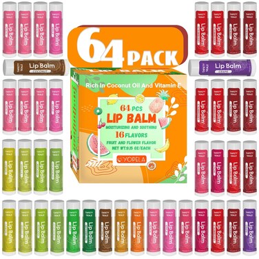 64 Pack Natural Lip Balm Bulk with Vitamin E and Coconut Oil Valentine's Day best choice - Moisturizing, Soothing, and Repairing Dry and Chapped Lips Valentine's Gift - 16 Flavors - Non-GMO