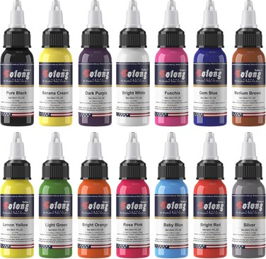 14PCS Tattoo Ink Color Set, Solong 1oz (30ml) Tattoo Ink Set Pigment Kit for Tattoo Kit Color Tattoo Ink TI302-30-14-US