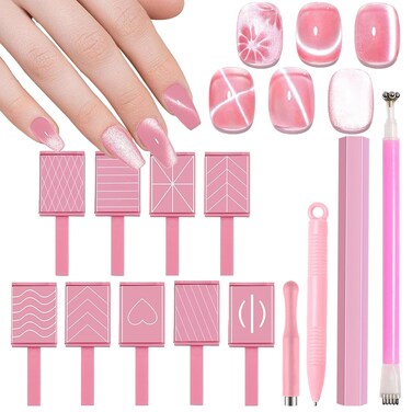 13 Pieces Pink Cat Eye Magnet for Nails Double-Ended Hexagon Nail Magnet Stick Flower Cat Eye Magnetic Pen 9 Stripe Nail Magnet Plates With Different Patterns Cat Eye Gel Polish Nail Art