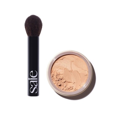 Saie Face Powder Duo, Medium - The Fluffy Brush, Soft, Multi-Use Targeted Powder Brush With Tapered Tip &amp; Airset Radiant Loose Setting Powder, Translucent Medium (0.14 oz) - Vegan, Cruelty-Fee