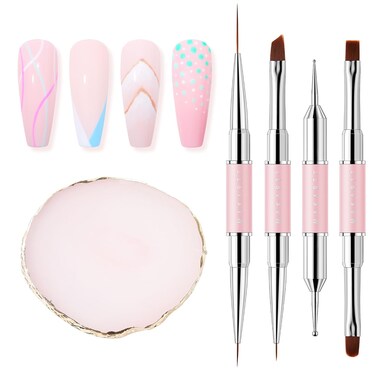 Makartt Nail Art Brushes with Palette: 4pcs Doubled-ended Nail Tool included 6/9/20mm Liner Brush Flat &amp; Round Angled Gel Nail Brush Dotting Tools Nail Supplies for Nail Painting