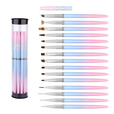 15pc Nail Art Brush Set - Design &amp; Clean Up Brushes for Acrylic &amp; Gel Polish Painting