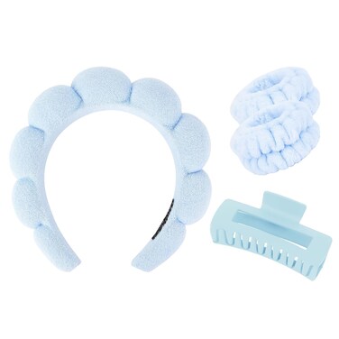 Wecoe Spa Set - Skincare Headband &amp; Wrist Towels, Blue Puffy Sponge, Cute Scrunchies for Women &amp; Girls