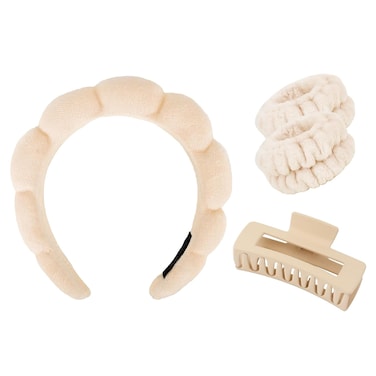 Wecoe Spa Set - Skincare Headband &amp; Wrist Towels for Face Washing, Thick Hair Clips, Khaki Puffy Sponge Makeup Bubble Headband Scrunchies for Women &amp; Girls