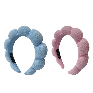 Puffy Sponge Spa Hairband, 2 Pack for Women Face Washing, Makeup Removal, Shower, Skincare (Pink, Blue)